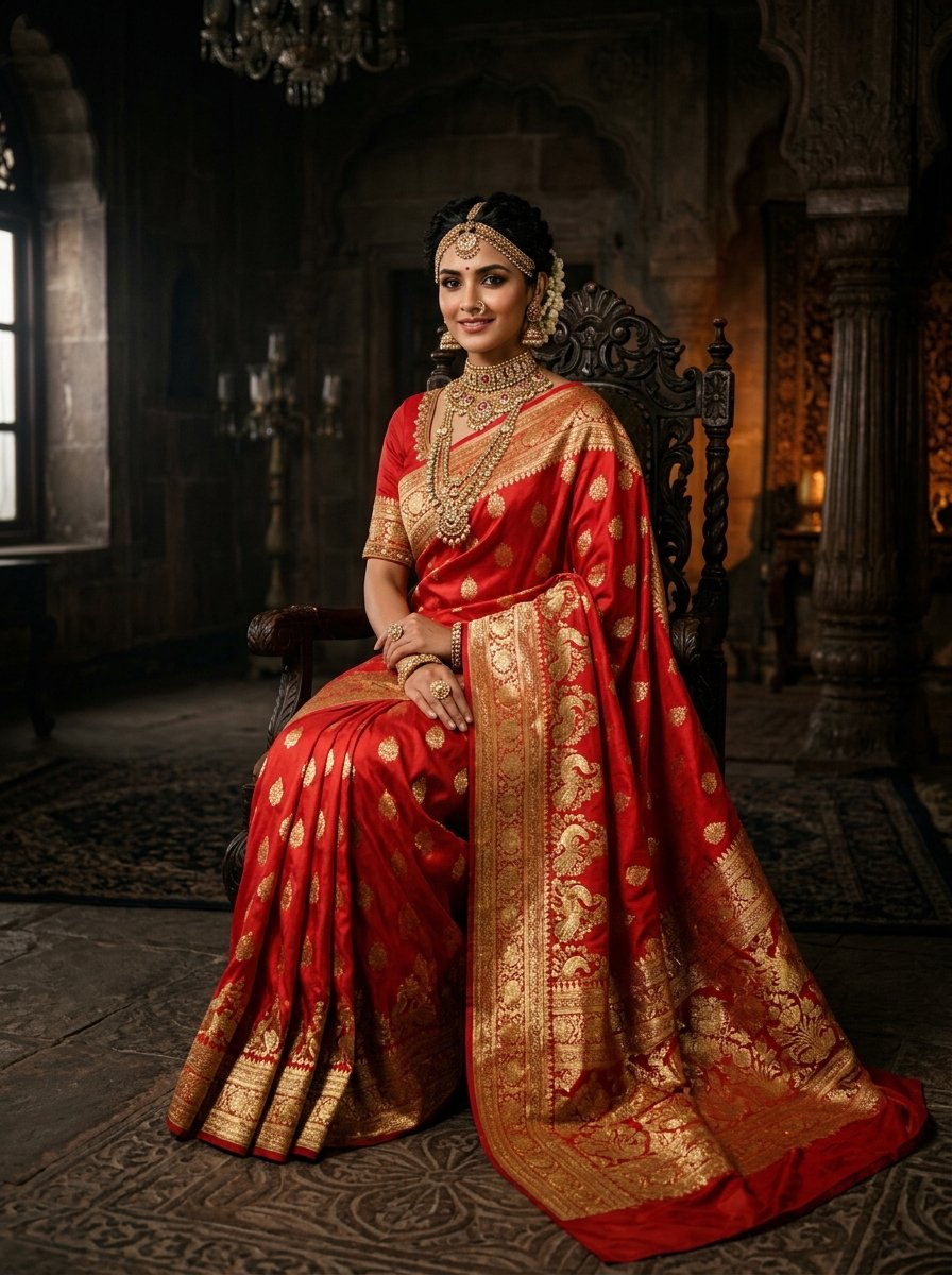 Scarlet Red Bridal Katan Banarasi Silk Saree