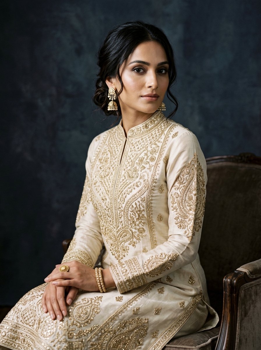 Ivory & Champagne Zari Embellished Kurti