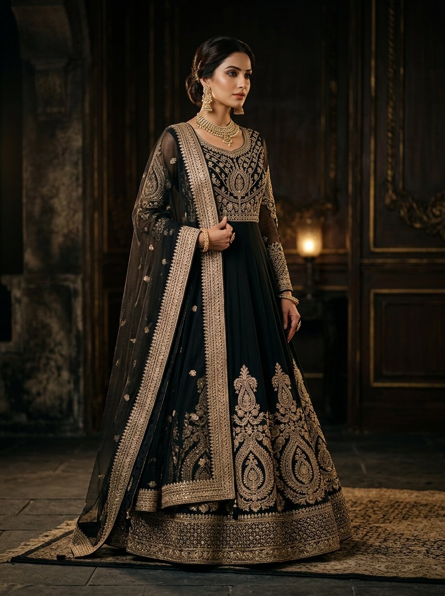 Midnight Black Silk Embroidered Anarkali Suit