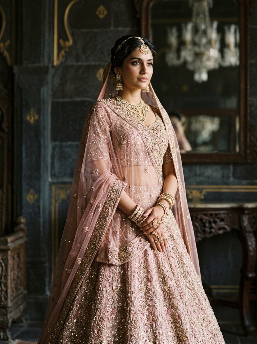 Dusty Rose & Champagne Gold Bridal Lehenga